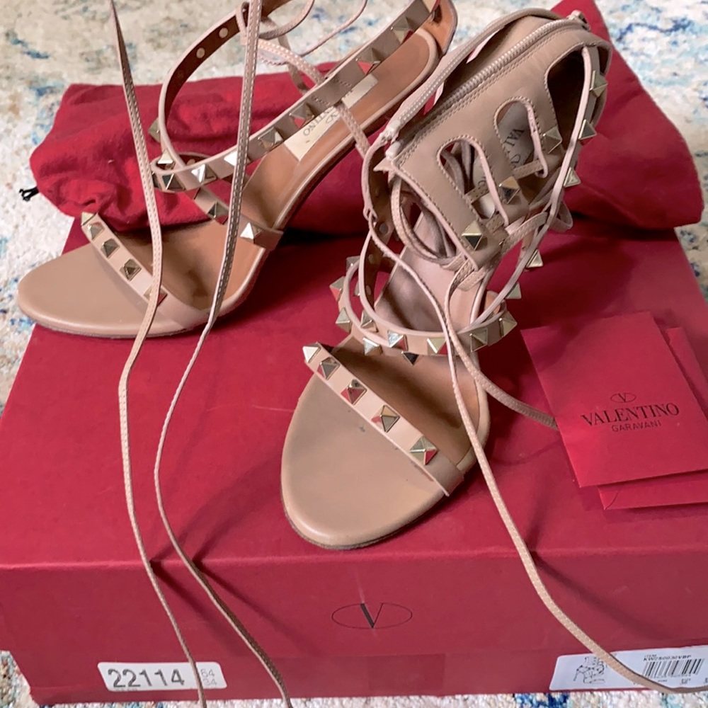 Valentino tan lace up heels with gold spikes